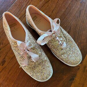 Kate Spade Keds Glitter Sneakers Womens Size 8 US Gold Sparkle With Pink Satin L